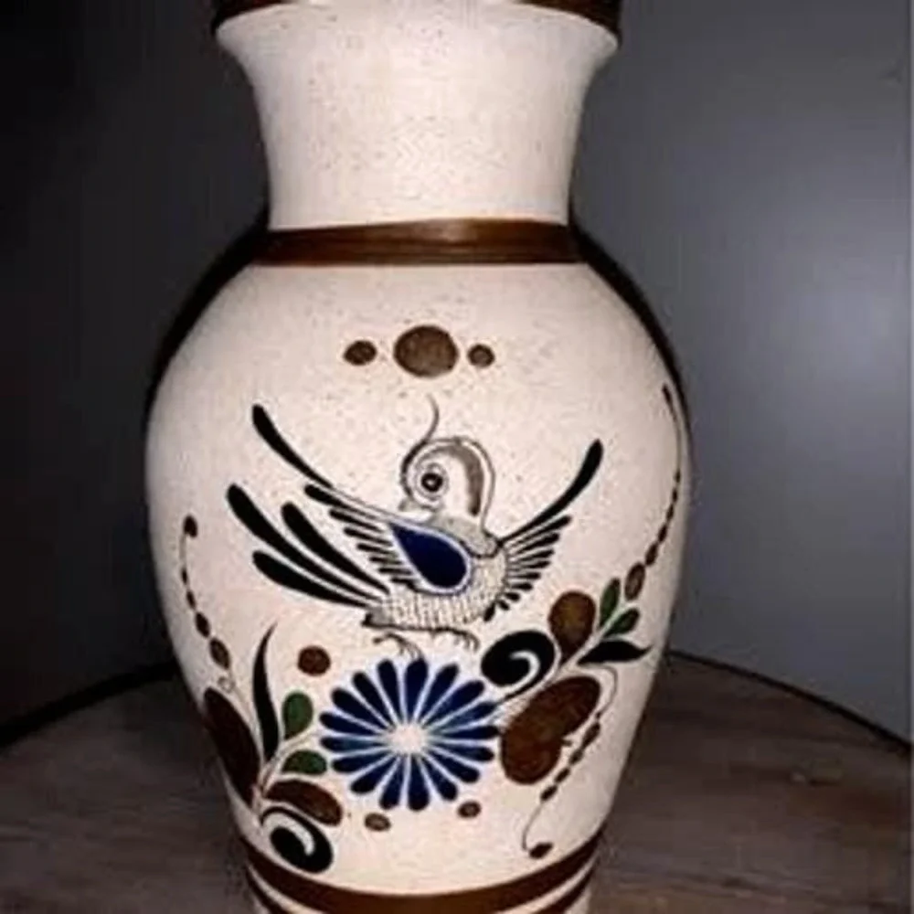 Vintage Tonala‎ Mexican Pottery Vase Hand Painted Bird Floral Folk Art
